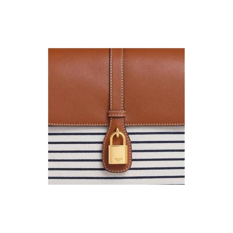 CELINE Tabou Fabric With Smooth Cow Leather Shoulder Bag Crossbody Bag Medium Size Women's Tan/Marine Blue-3