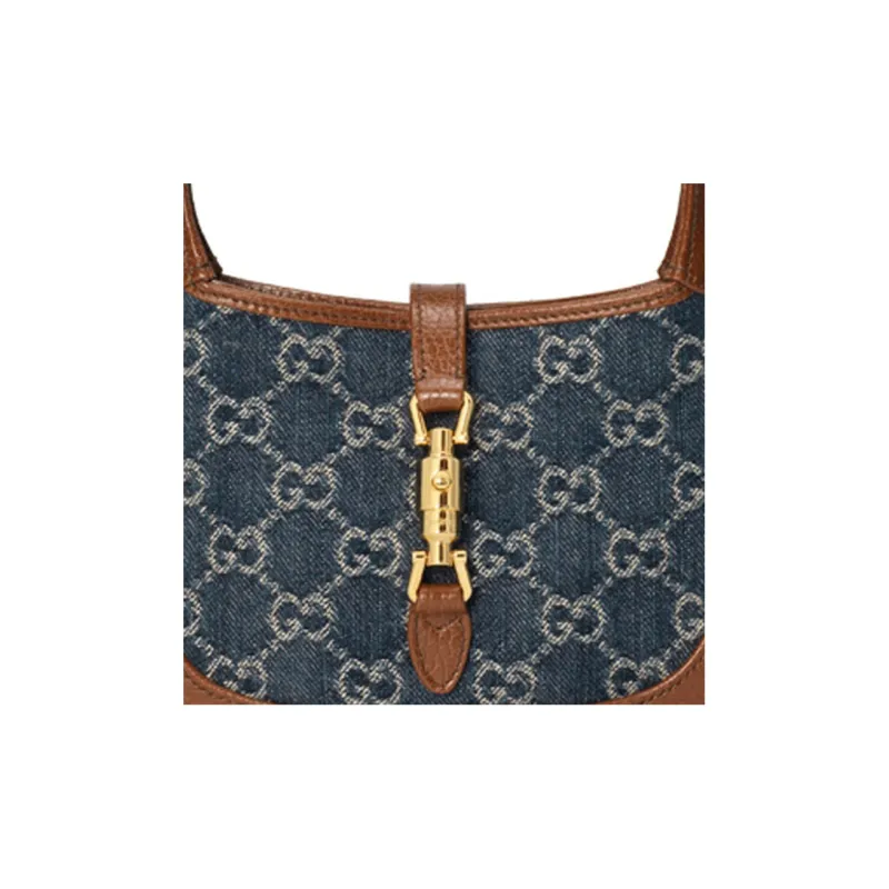 GUCCI Jackie 1961 Canvas With Leather Trim Canvas Bag Crescent Shoulder Bag Shoulder Bag Women's Gray Blue Multicolor-8