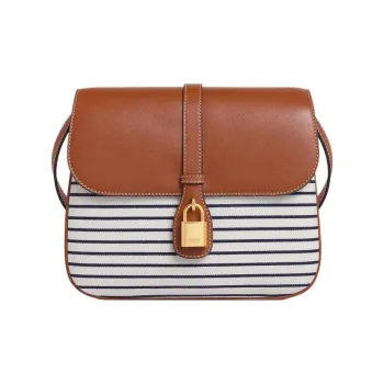 CELINE Tabou Fabric With Smooth Cow Leather Shoulder Bag Crossbody Bag Medium Size Women's Tan/Marine Blue