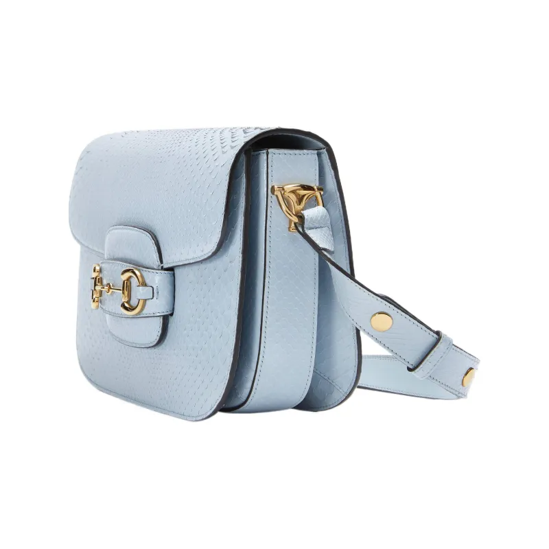GUCCI Horsebit 1955 Python Skin Shoulder Bag Crossbody Bag Women's Light Blue-1