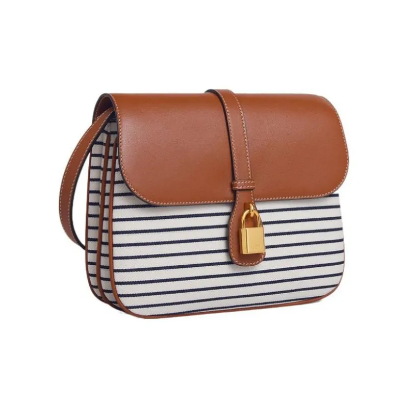 CELINE Tabou Fabric With Smooth Cow Leather Shoulder Bag Crossbody Bag Medium Size Women's Tan/Marine Blue-1
