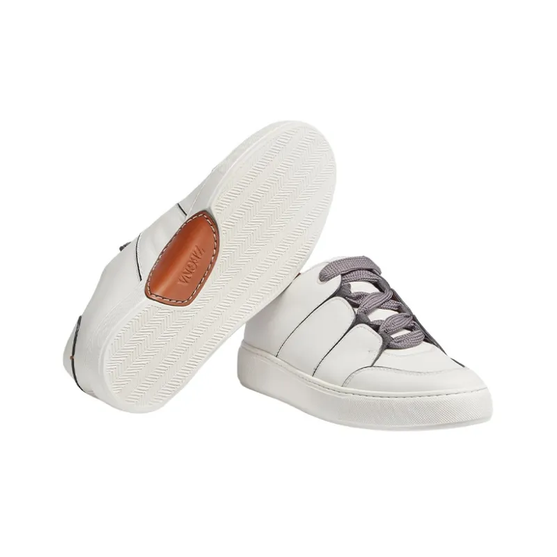 Zegna Tiziano Leather Low Top Lace Up Sneakers Men's White-4