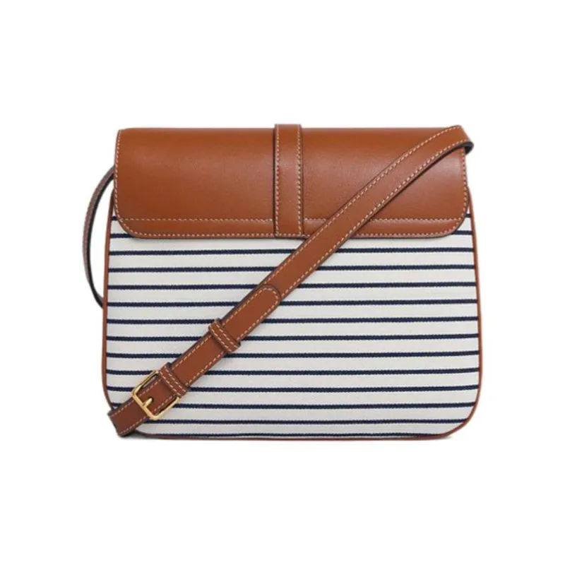 CELINE Tabou Fabric With Smooth Cow Leather Shoulder Bag Crossbody Bag Medium Size Women's Tan/Marine Blue-2