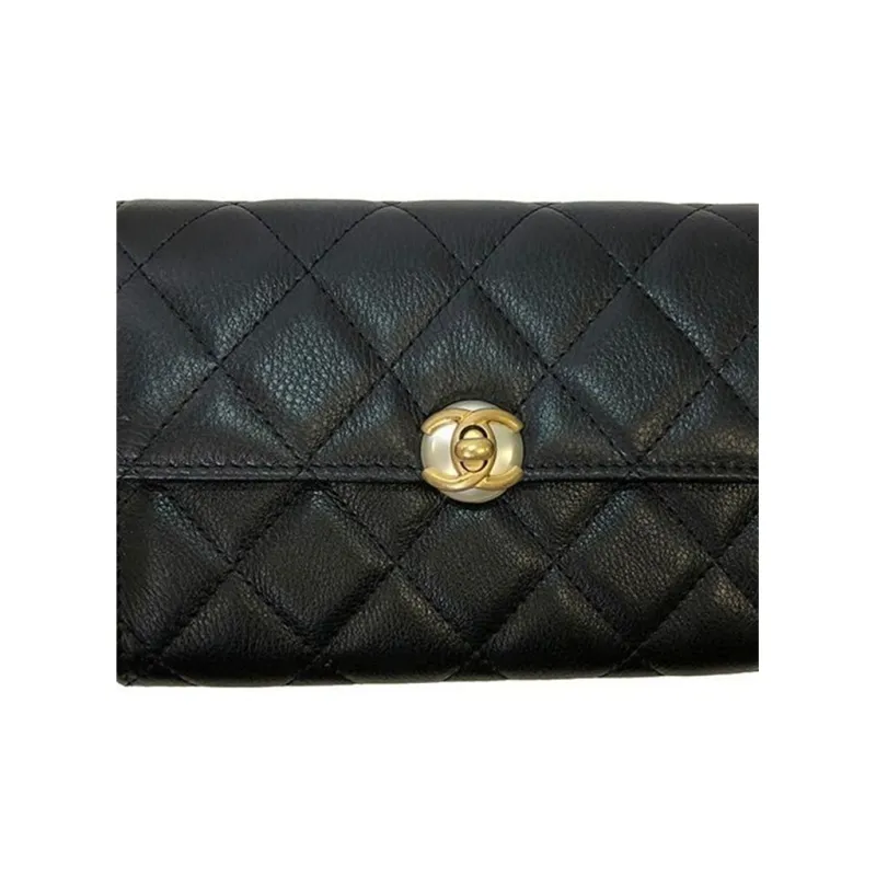 CHANEL Calfskin Flap, Double Fold, Long Wallet, Crossbody Bag Women's Black-2
