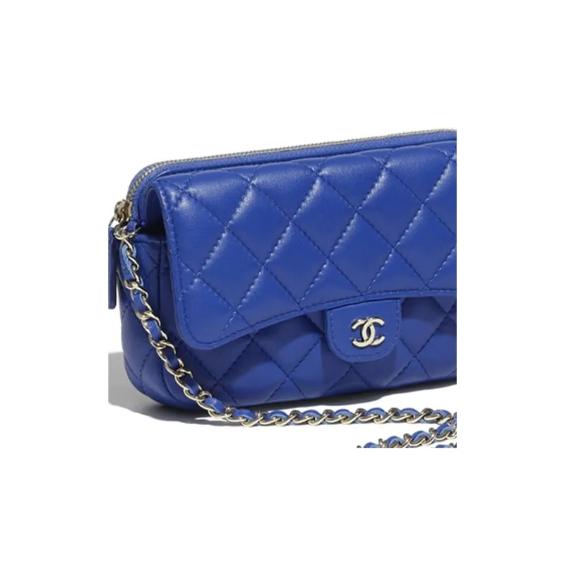 CHANEL Lambskin Crossbody Cell Phone Pouch Regular Women's Blue-4