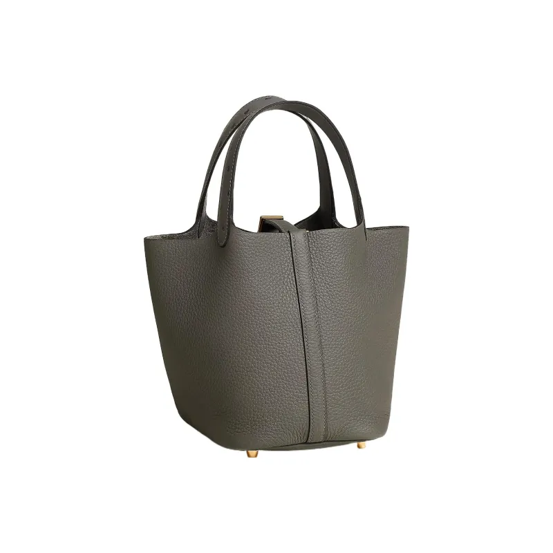 HERMES Picotin Lock Taurillon Clemence Leather With Ostrich Leather Basket Bag Handbag Bucket Bag Women's Mauve Gray-3