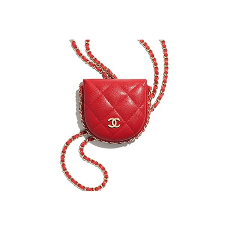CHANEL Caviar Calfskin Chain Necklace Coin Purse Earphone Case Women's Red-4