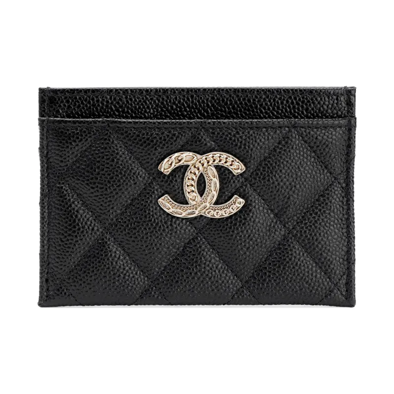 CHANEL Grain Caviar Cow Leather Card Holder Women's Black-0