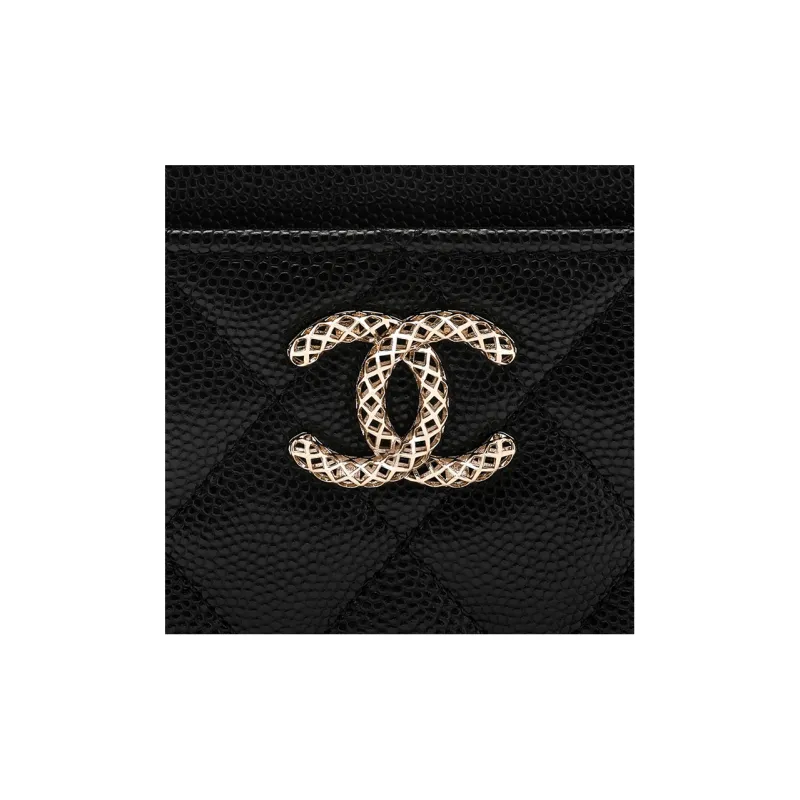 CHANEL Embossed Shiny Litchi Calfskin Card Holder Small Size Women's Black-4