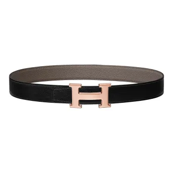 HERMES H Shaped Pattern Decoration Rose Gold Buckle Togo Calfskin Double Sided Leather Belt Unisex Black Width  3.2cm