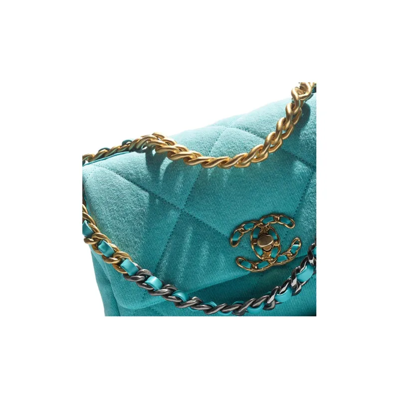 CHANEL 19Bag Denim With Calfskin Shoulder Bag, Crossbody Bag Trumpets Women's Fluorescent Blue-3