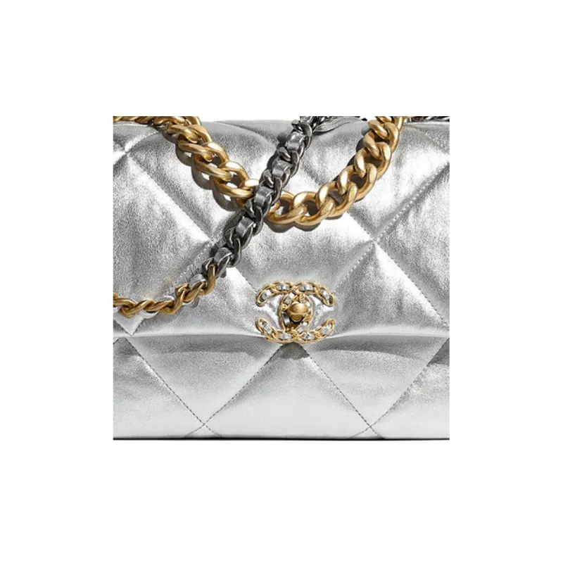 CHANEL 19Bag Metallic Lambskin Handbag, Shoulder Bag, Crossbody Bag Tubas Women's Silver/Gold-4