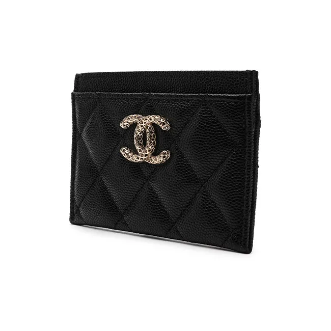 CHANEL Embossed Shiny Litchi Calfskin Card Holder Small Size Women's Black-1