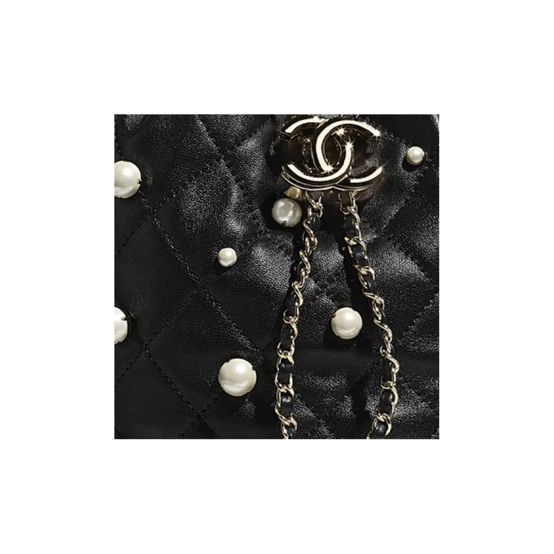 CHANEL Drawstring Pearl Sheepskin Bucket Bag, Shoulder Bag, Crossbody Bag Trumpets Women's Black-3