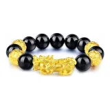 Chinese Auspicious Animal Bracelet, Obsidian 4 Pcs Gold Bead