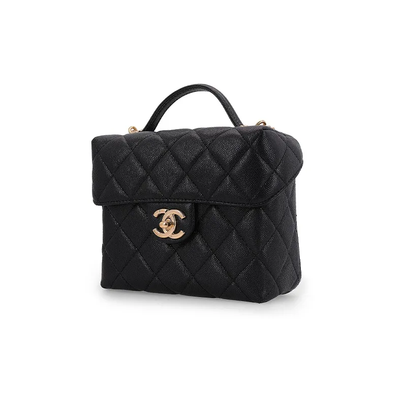 CHANEL Embossed Calfskin With Grains Handbag Shoulder Bag Crossbody Bag Makeup Bag Small Size Women's Black-1