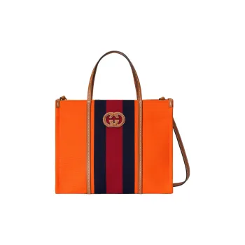 GUCCI Cotton Fabric With Leather Tote Bag Shopping Bag Handbag Medium Size Unisex Orange