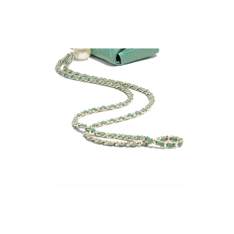 CHANEL Litchi Cow Leather Necklace Pouch Trumpets Women's Green-3