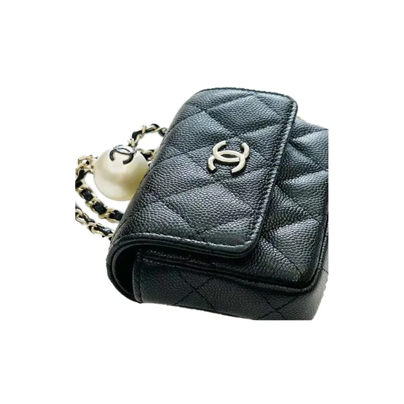 CHANEL Cow Leather Necklace Pouch Trumpets Women's Black-4