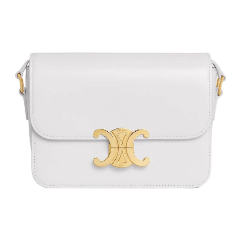 CELINE Triomphe Shiny Cow Leather Shoulder Bag, Tofu Bag, Portable Crossbody Bag, Shoulder Bag Women's Arctica White-0