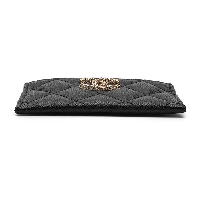 CHANEL Embossed Shiny Litchi Calfskin Card Holder Small Size Women's Black-3