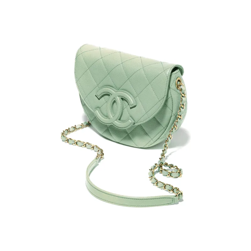 CHANEL Grain Calfskin Messenger Bag, Crescent Bag, Flap Bag, Saddle Bag, Shoulder Bag, Crossbody Bag Mini Women's Green-1