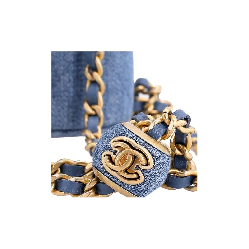 CHANEL 22C Early Spring Small Gold Ball Denim Shoulder Bag, Crossbody Bag Mini Women's Blue-5