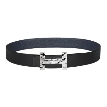 HERMES Quizz H2O Silver Buckle Togo Calfskin Double-Sided Leather Belt Men's Black Width 3.8cm
