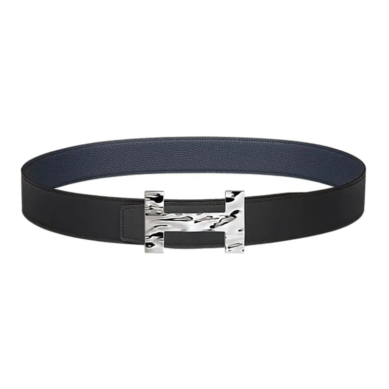 HERMES Quizz H2O Quizz H2O Silver Buckle Togo Calfskin Double Sided Leather Belt Men's Black Width 3.8cm-0