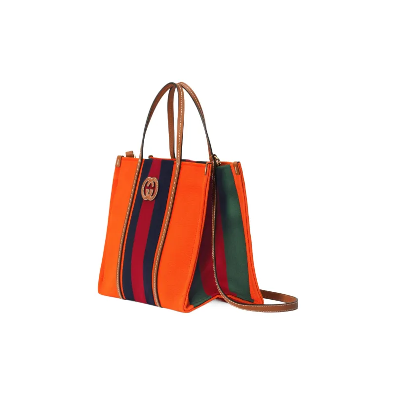 GUCCI Cotton Fabric With Leather Tote Bag Shopping Bag Handbag Medium Size Unisex Orange-1