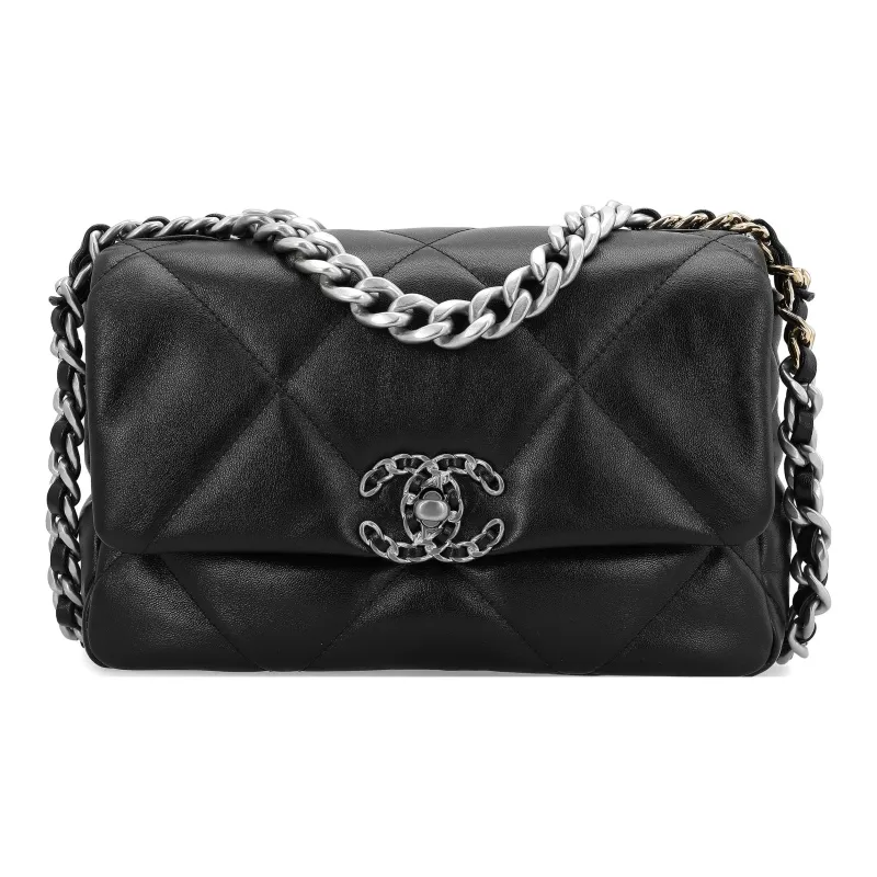 CHANEL 19Bag Sheepskin Flap Bag Crossbody Bag Trumpets Women's Black Silver-0