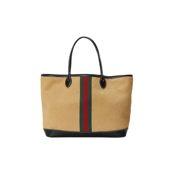 GUCCI Ophidia Canvas With Leather Trim Tote Bag Shopping Bag Handbag Large Size Men's Light Brown