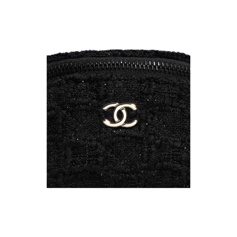 CHANEL Tweed Fleece With Leather Coin Purse Unisex Black-3