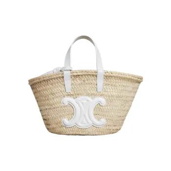 CELINE Triomphe Cow Leather Patchwork Tote Bag Shopping Bag Basket Handbag Women's White & Natural