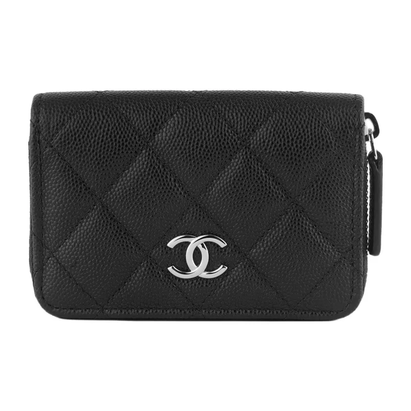 CHANEL 21K Winter Grain Calfskin Card Holder, Coin Purse, Shoulder Bag, Crossbody Bag Unisex Black-2