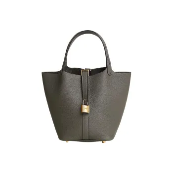 HERMES Picotin Lock Taurillon Clemence Leather With Ostrich Leather Basket Bag Handbag Bucket Bag Women's Mauve Gray