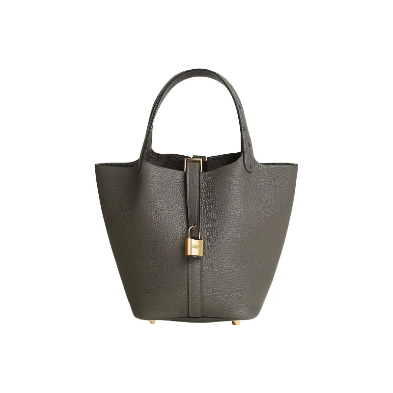 HERMES Picotin Lock Taurillon Clemence Leather With Ostrich Leather Basket Bag Handbag Bucket Bag Women's Mauve Gray-0