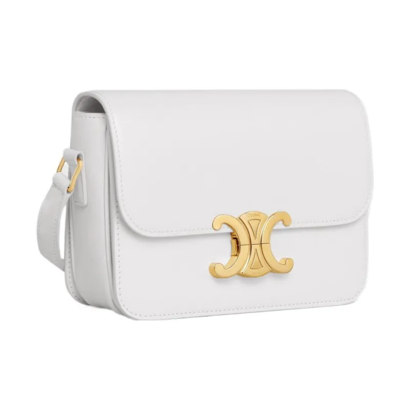 CELINE Triomphe Shiny Cow Leather Shoulder Bag, Tofu Bag, Portable Crossbody Bag, Shoulder Bag Women's Arctica White-1