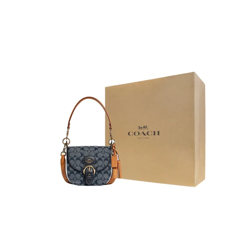 COACH Kleo Canvas Cow Leather Patchwork Shoulder Bag Women's Dark Blue Monogram Color & Black-9