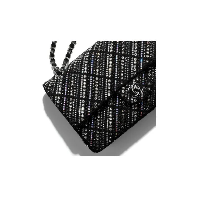 CHANEL Classic Flap CF Twill Soft Nappa With Crystal Shoulder Bag, Crossbody Bag Mini Women's Black-3