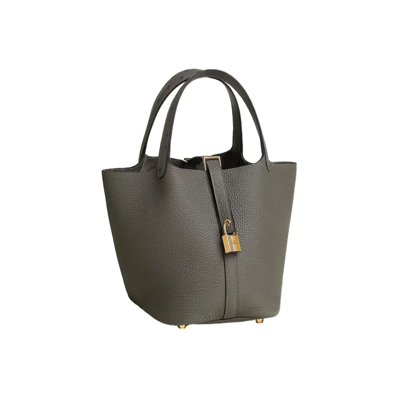 HERMES Picotin Lock Taurillon Clemence Leather With Ostrich Leather Basket Bag Handbag Bucket Bag Women's Mauve Gray-1
