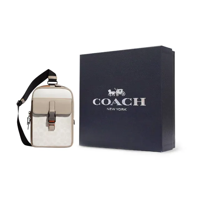 COACH Track Canvas With Leather Fanny Pack Small Size Men's White & Milk Tea Brown-4