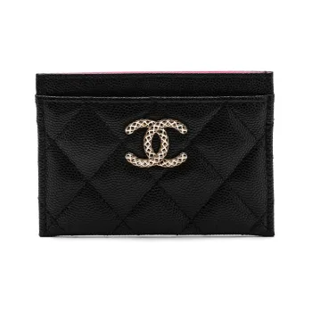CHANEL Embossed Shiny Litchi Calfskin Card Holder Small Size Women's Black