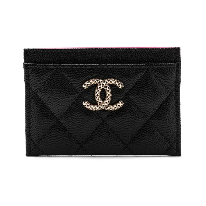 CHANEL Embossed Shiny Litchi Calfskin Card Holder Small Size Women's Black-0