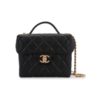 CHANEL Embossed Calfskin With Grains Handbag Shoulder Bag Crossbody Bag Makeup Bag Small Size Women's Black