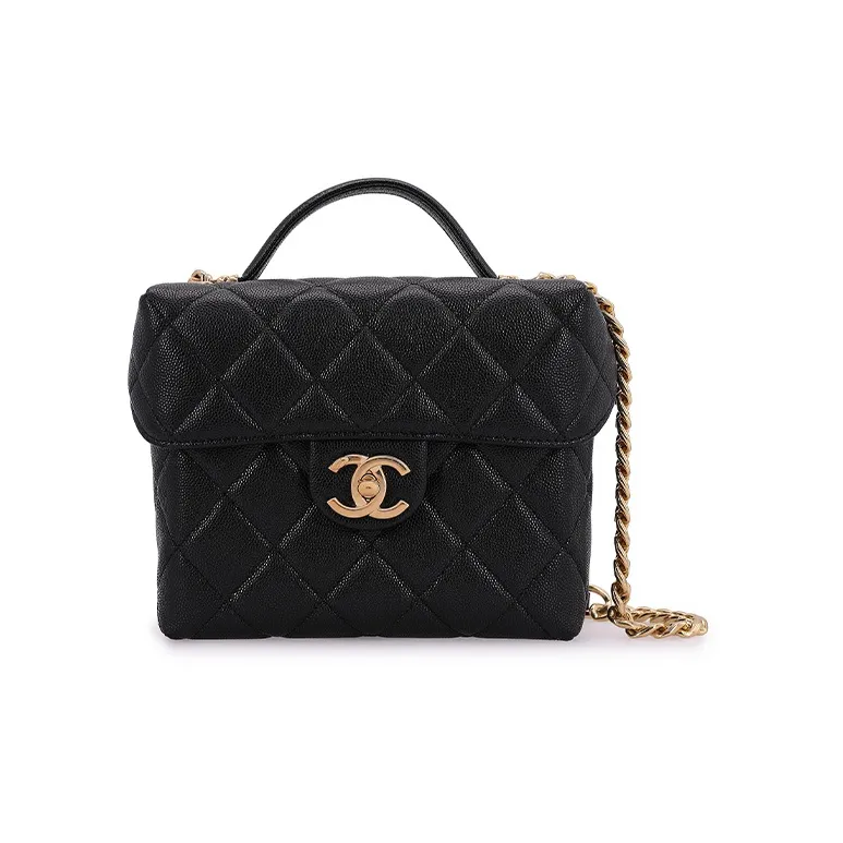 CHANEL Embossed Calfskin With Grains Handbag Shoulder Bag Crossbody Bag Makeup Bag Small Size Women's Black-0