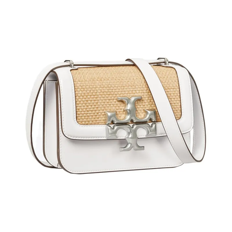 TORY BURCH Eleanor Raffia Box Shaped Bag, Shoulder Bag, Crossbody Bag Trumpets Women's White-1