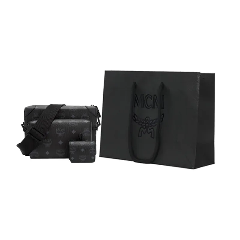 MCM Berlin Visetos Leather Combination Bag Earphone Case, Shoulder Bag, Crossbody Bag Trumpets Men's Black-6