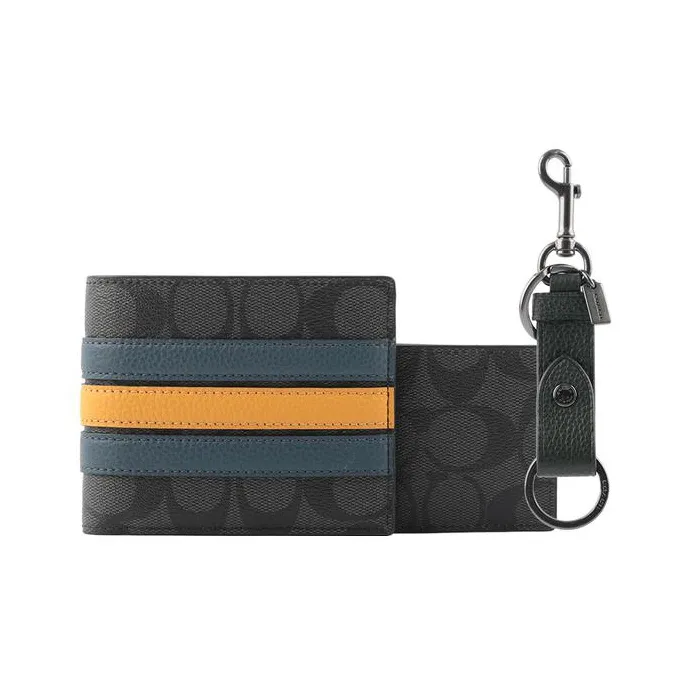 COACH 3 IN 1 Wallet Canvas With Pebbled Leather Card Holder Wallet Men's Charcoal And Denim Color-2