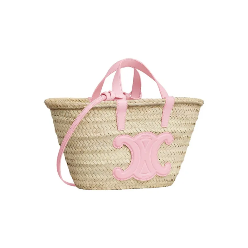 CELINE Triomphe Palm Leaf Cow Leather Patchwork Tote Bag Shopping Bag Basket Handbag Regular Women's Pink/Natural-1